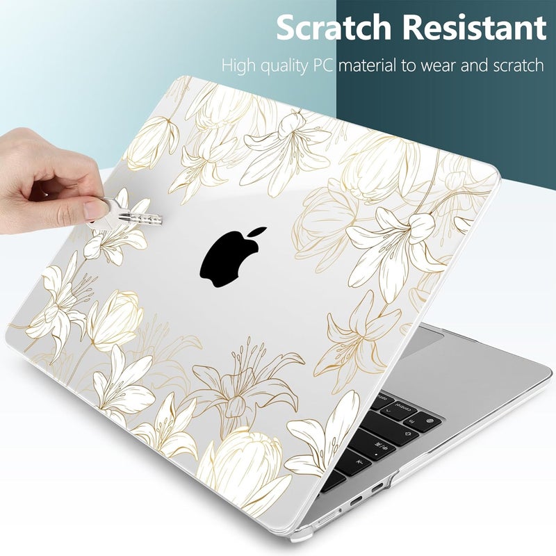 DONGKE غطاء لجهاز MacBook Air M4 مقاس 13.6 بوصة 2025 2024 2023 2022 طراز A3240 A3113 A2681 شريحة M3 M2، غلاف صلب بلاستيكي مع Touch ID لجهاز MacBook Air مقاس 13 بوصة M4 - زهور ذهبية - Image 3